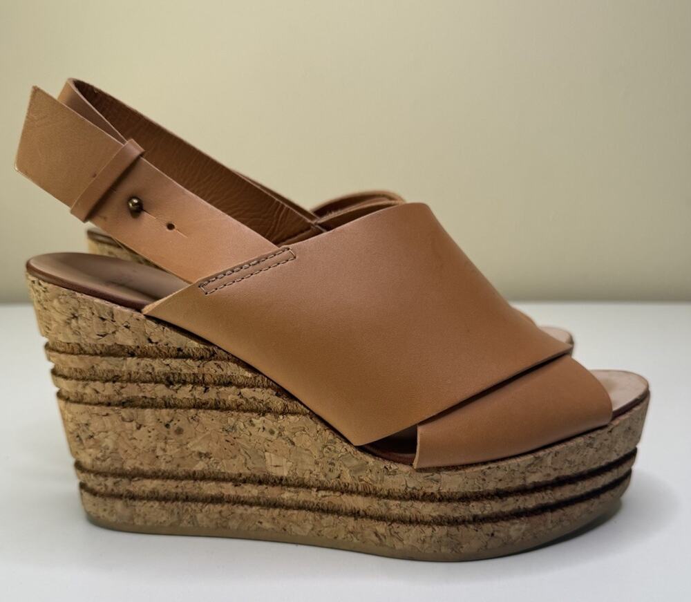 Zara Basic Espadrille Wedge Sandal Womens 41 Tan Leather Cork Platform Peep Toe
